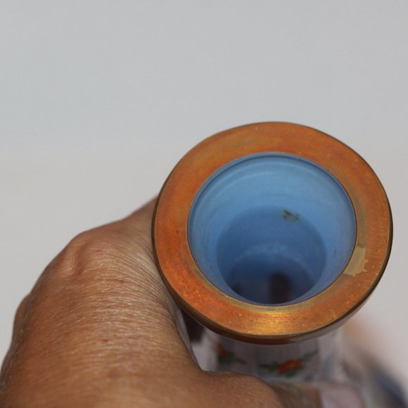 Bohemian Czech Cased White Over Baby Blue Hand Painted Flowers Gold DECANTER - Picture 6 of 9